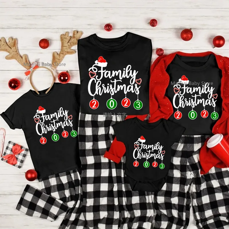 Family Christmas 2023 Matching Shirts Cotton Dad Mom Kids Tshirts Baby Rompers Family Look Xmas Party Tops Outfits Clothes Gift