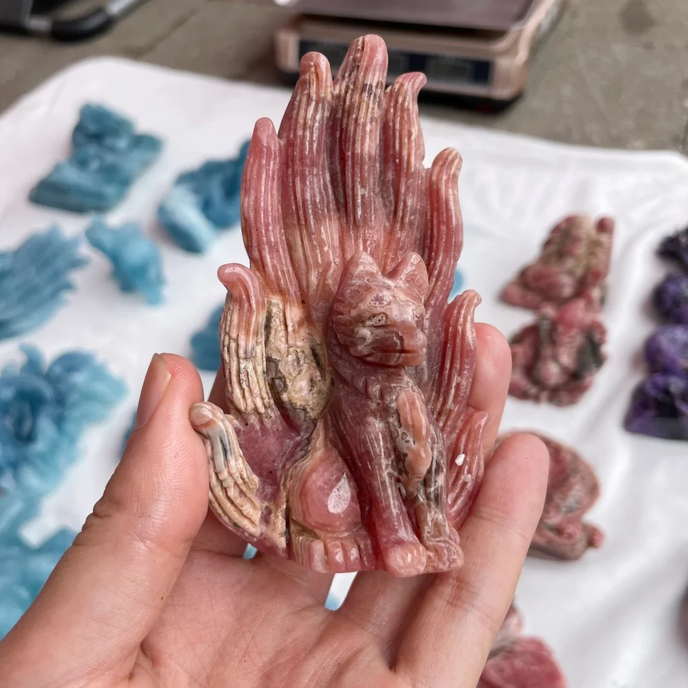 1PCS Natural Red Lace Agate Nine-Tailed Fox Carving Polished Reiki Healing Feng Shui Energy Stone Room Decor Gift