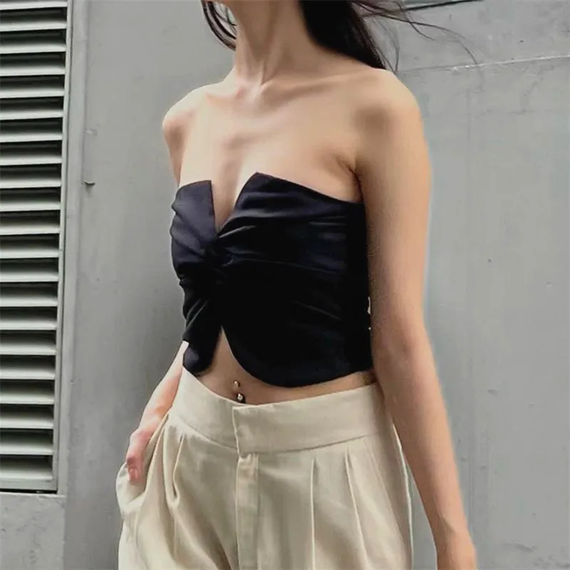 INS Fashion Street Summer Women's Sexy Twisted Wrinkle Bandeau Sleeveless Tank Top 2024 New Female Slim Exposed Navel Crop Vest