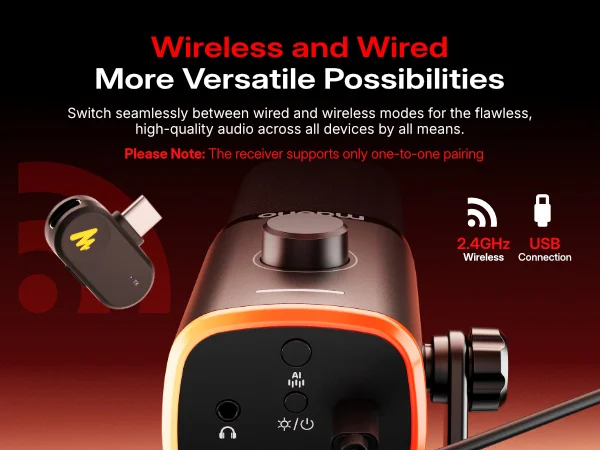 MAONO PD100W Wireless USB Dynamic Microphone Cardioid Microphone with One-Touch Mute Noise Reduction Custom RGB Light Real-Time Monitoring Microphone for PC Gaming Live Streaming Creator Podcast