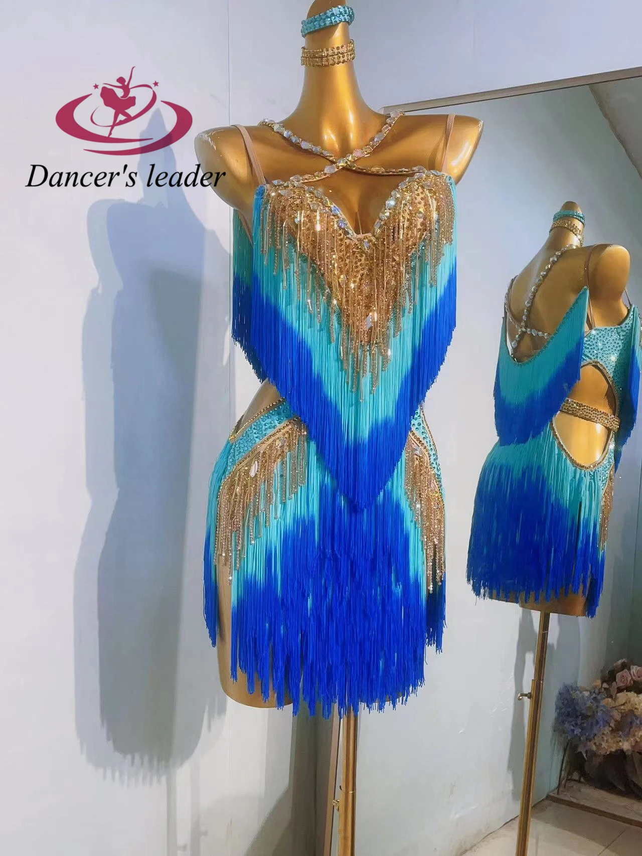 라틴 댄스 아트 공연 고급 맞춤형 투톤 태슬 스플라이싱 삼바 댄스 고급 반짝이는 라인스톤 의상