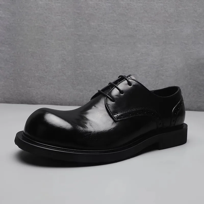 Business Casual Men Leather Shoes Fashionable Versatile Comfortable Breathable Thick Leather Soles Black British Style Version