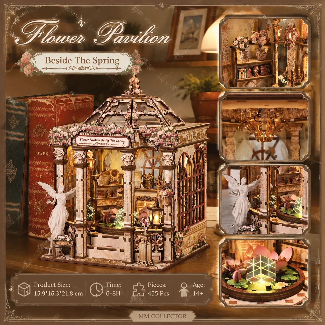 DIY Dollhouse Wooden Building Model Flower Pavilion Beside The Spring Crystal Fountain Room Book Nook Hand Assembled Craft Gift