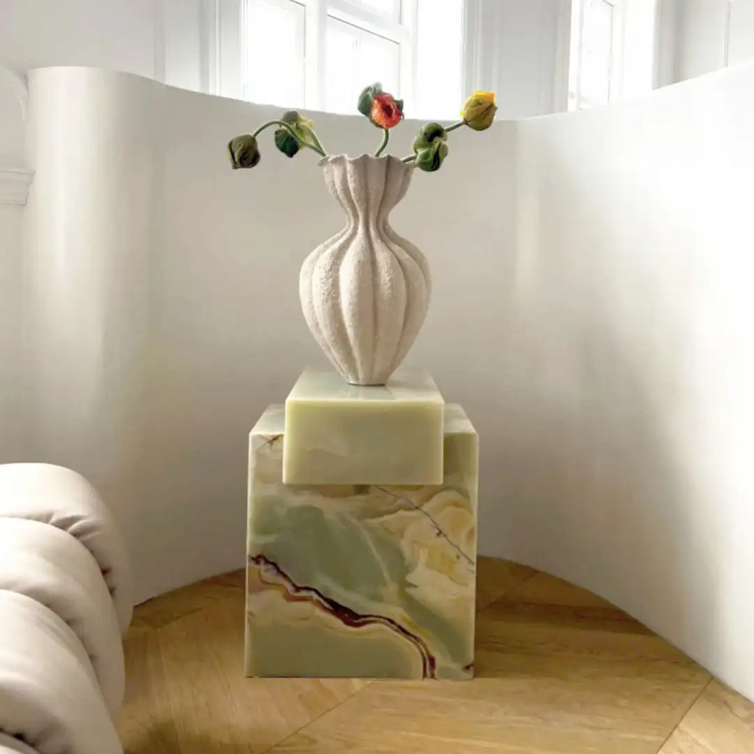 Green agate side table with modern marble slices, suitable for delicate spaces