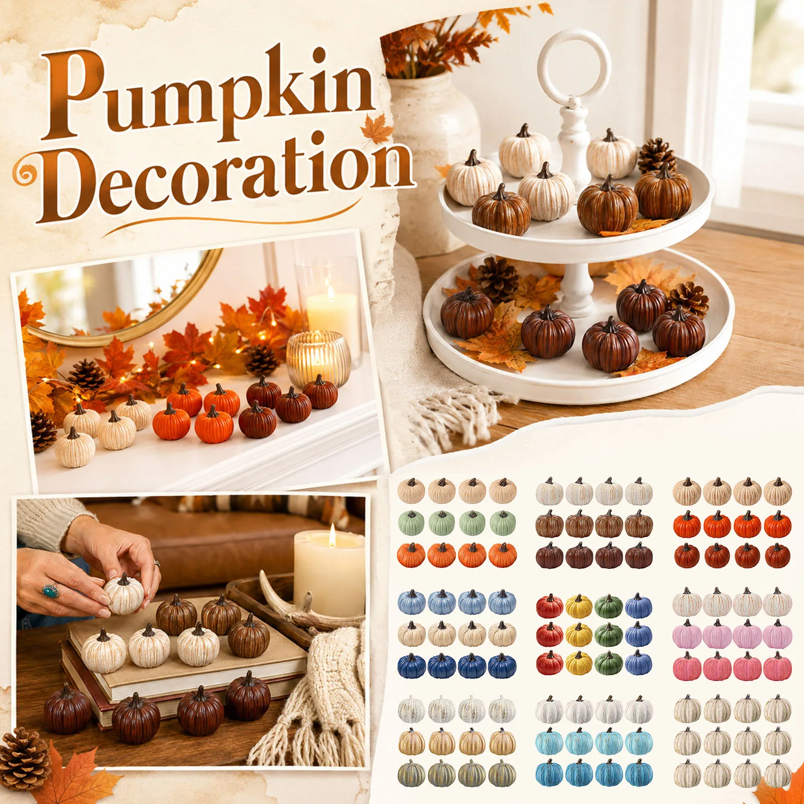  12pcs Autumn Pumpkin Figurine Set Halloween Decorative Resin Ornaments for Thanksgiving Table Centerpiece Home Decor