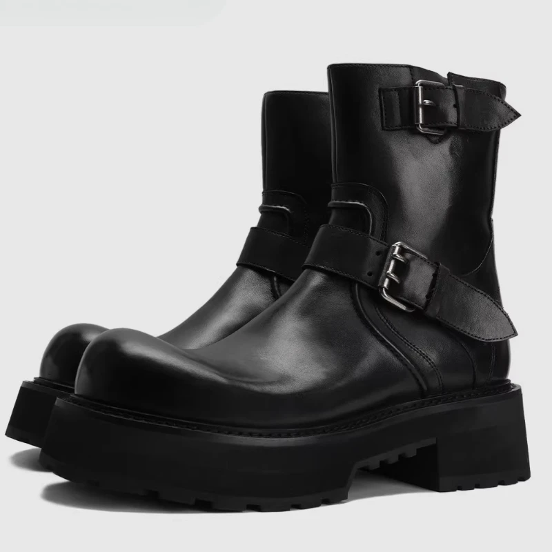 

European/American Thick Soled Leather Boots Shoes for Men's Side Zipper High Top Shoes Breathable Genuine Leather Increase Boots