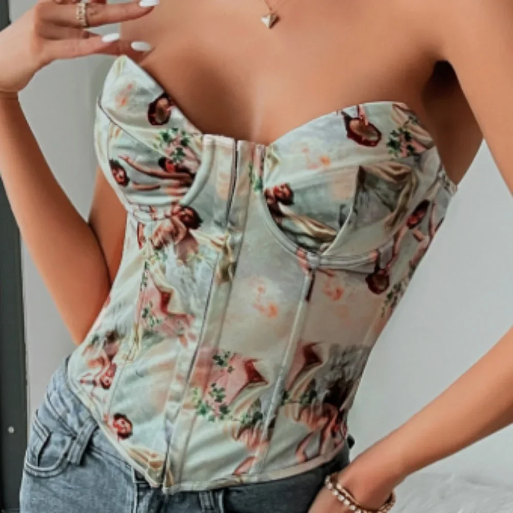 Chic Satin Print Lace Up Tube Top Sexy Strapless Basic Crop Top Korean Fashion Tanks Top Women Camis Summer Women Corset Bustier