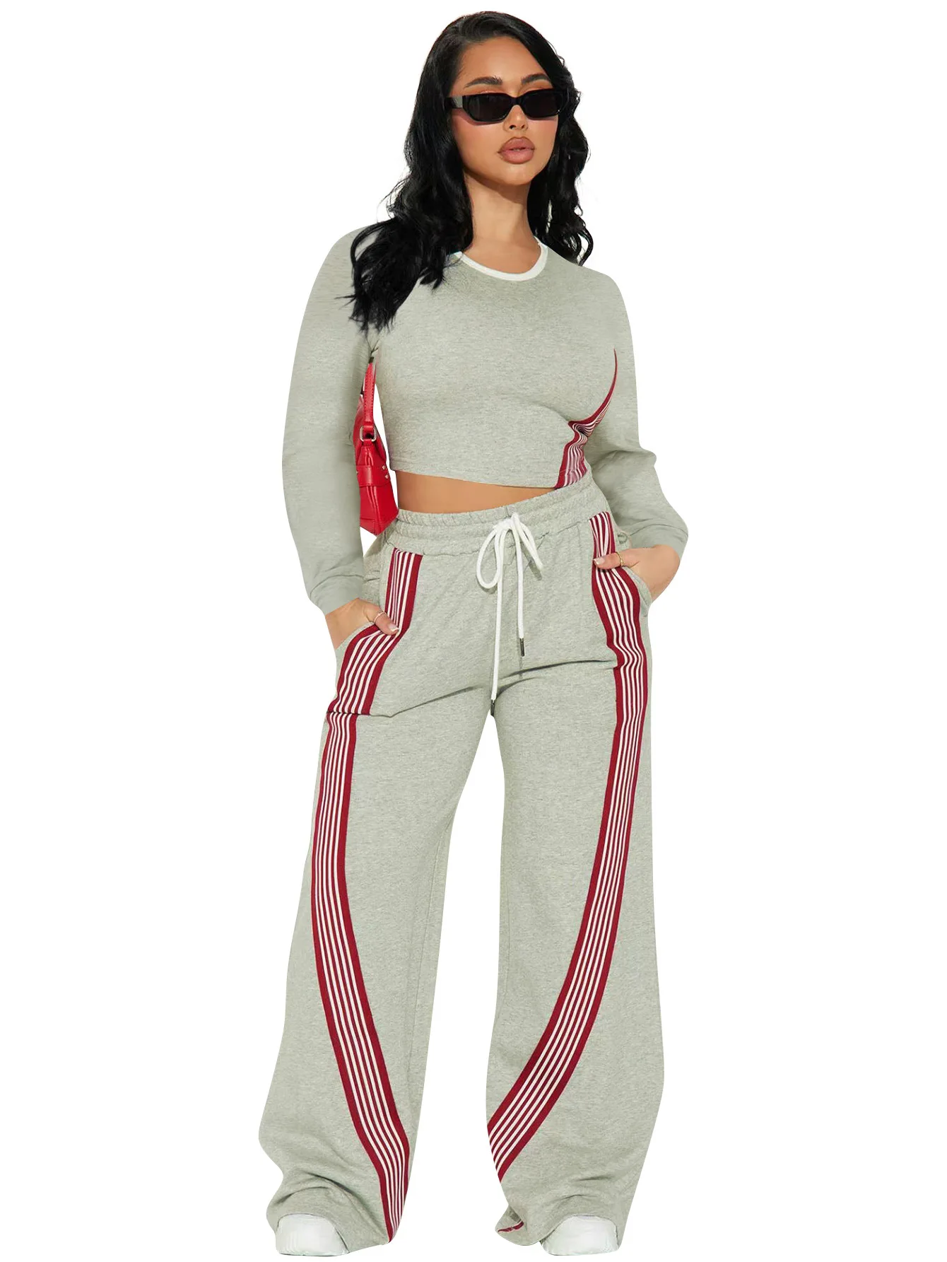 ชุดเซ็ทเสื้อยืดแขนยาวลำลองแฟชั่นผู้หญิงและกางเกงกีฬาลายทาง ชุดวอร์มสองชิ้น ฤดูใบไม้ร่วง ฤดูหนาว 2025