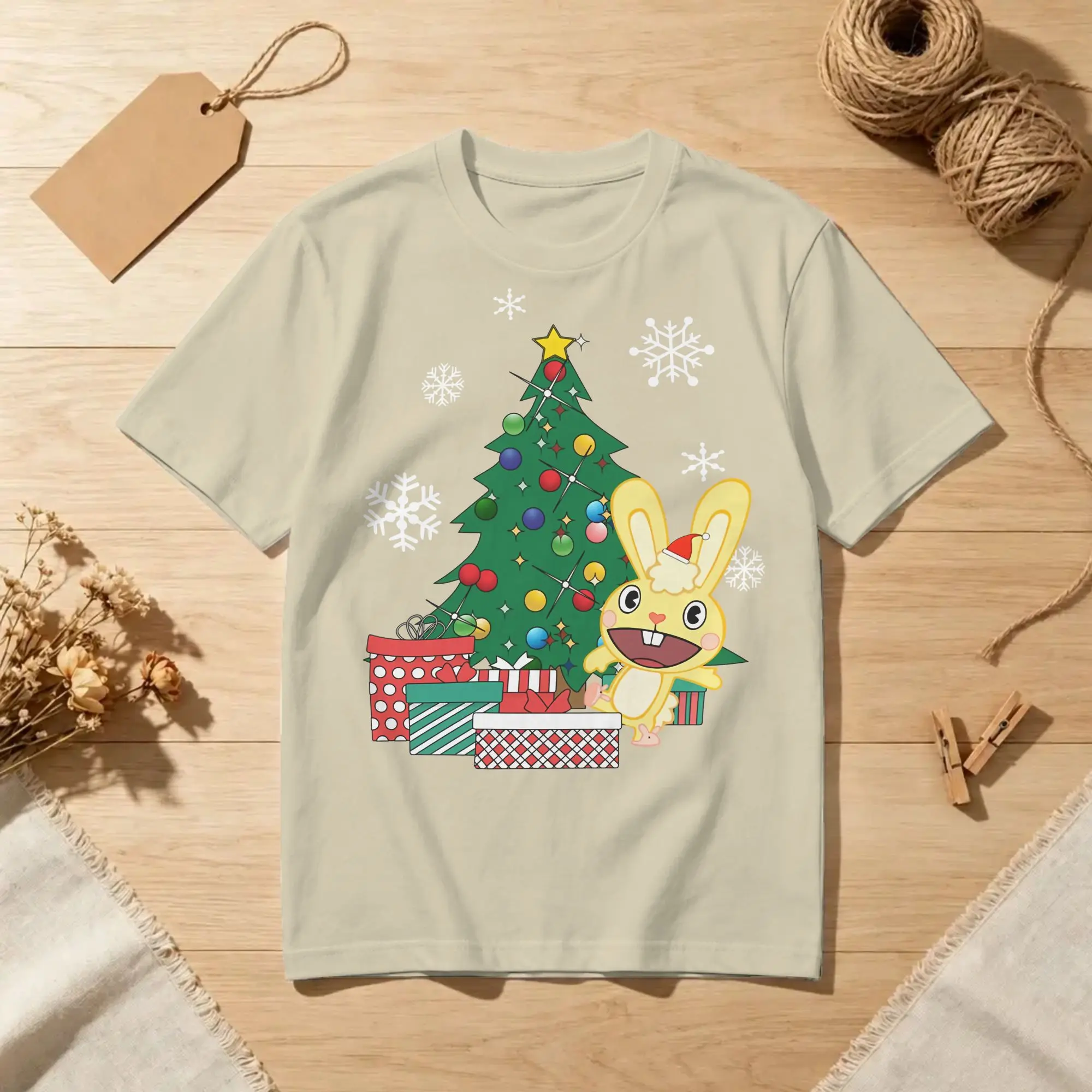 Men T-Shirt Cuddles Around The Christmas Tree Happy Tree Friends Pure Cotton Tee Shirt Short Sleeve  T Shirt Round Neck Clothing