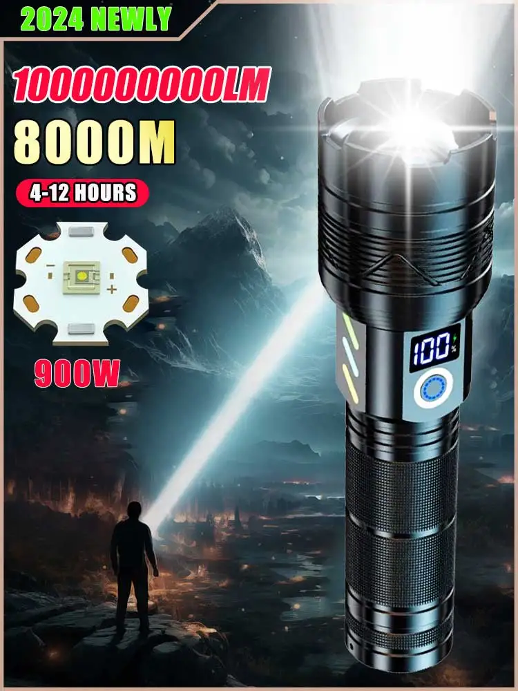 Newly G10 LED Flashlight 10000000 Lumen 900W Power Lantern Flashlight 9000 Meter USB Rechargeable Flash Light with Smart Display