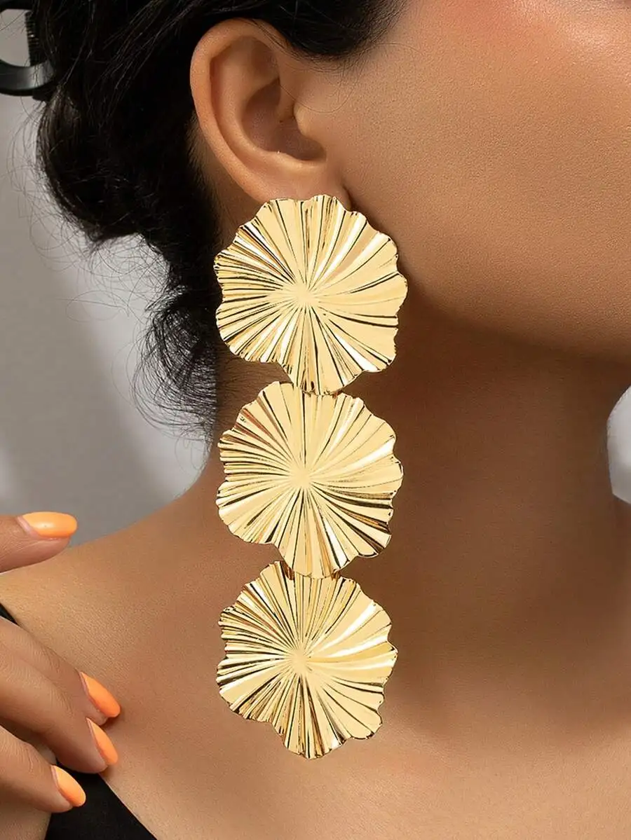 

Three-Stacked Gold Pleated Fan Drop Earrings For Stylish Daily Accessory Use