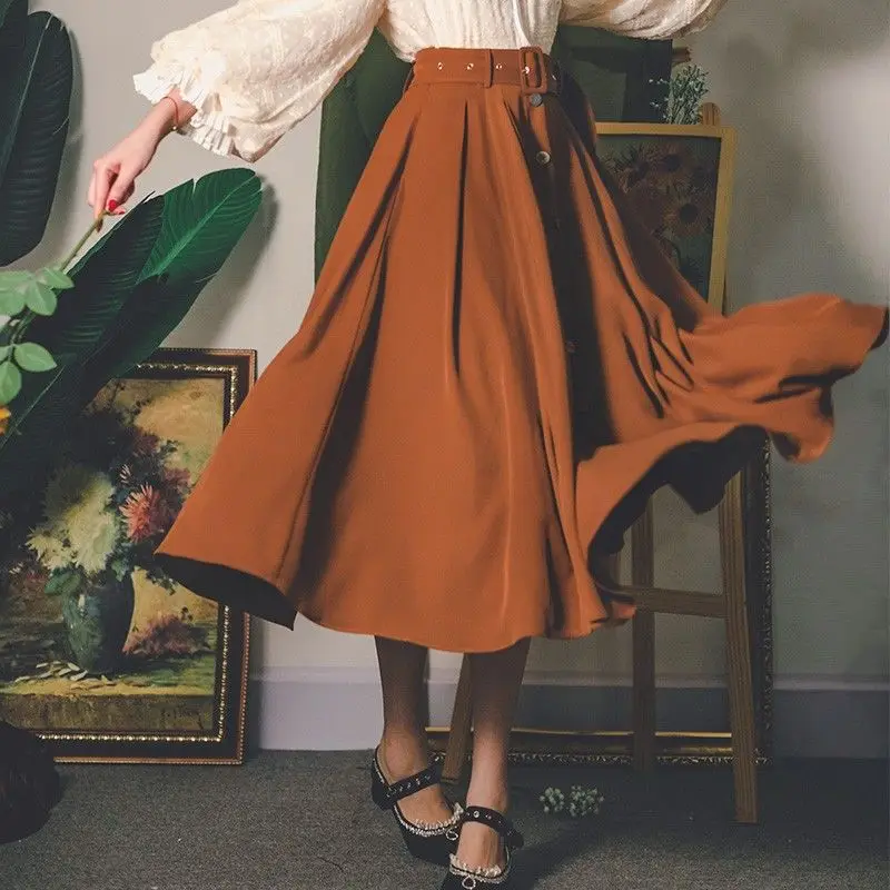 Gedrapeerde Elegante Vintage Effen Britse Romantische Knop Sjerp Nieuwe Vrouwelijke Faldas Vrouwen Lente Herfst Mid-Kuit Hoge Taille A-Line Rokken