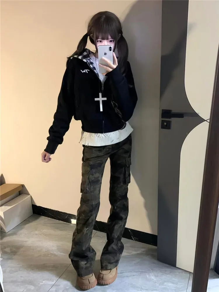 

Американские ретро-джинсы с камуфляжным принтом, с низкой посадкой, расклешенные, женские, весна-осень, облегающие, эластичные, удлиненные, в стиле BM Workwear