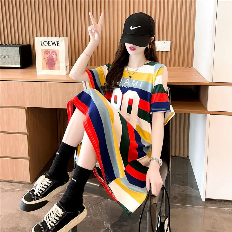 Big Size Off-shoulder Color Striped Short Sleeve T-shirt Women Summer Loose Mid-length Round Neck Girl Breathable T-shirt Skirt