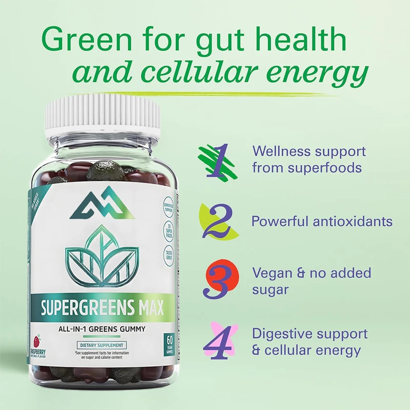 

Green antioxidant mixture, digestive and immune health, cellular energy, prebiotics and probiotic mixture, 60 vegetarian gummies