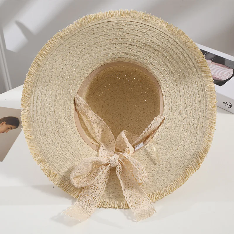 Summer Women Sun Hats Handmade Woven Straw Hat with Lace Ribbons Flat Top Holiday Sunscreen Beach Cap Vacation Hat