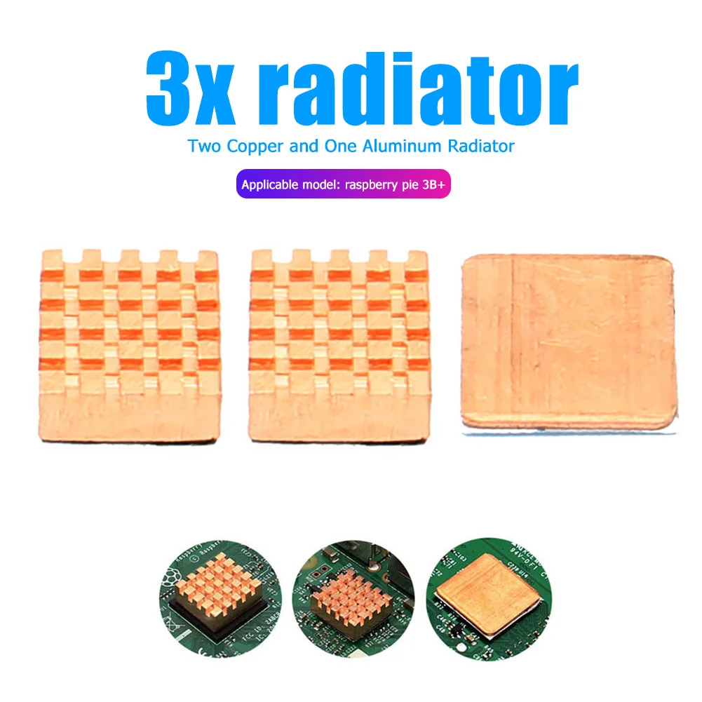 3pcs Copper Metal Heatsink Motherboard CPU Memory Chip Passive Cooling Pad Heat Dissipation Radiator for Raspberry Pi 3B+/3B/2B