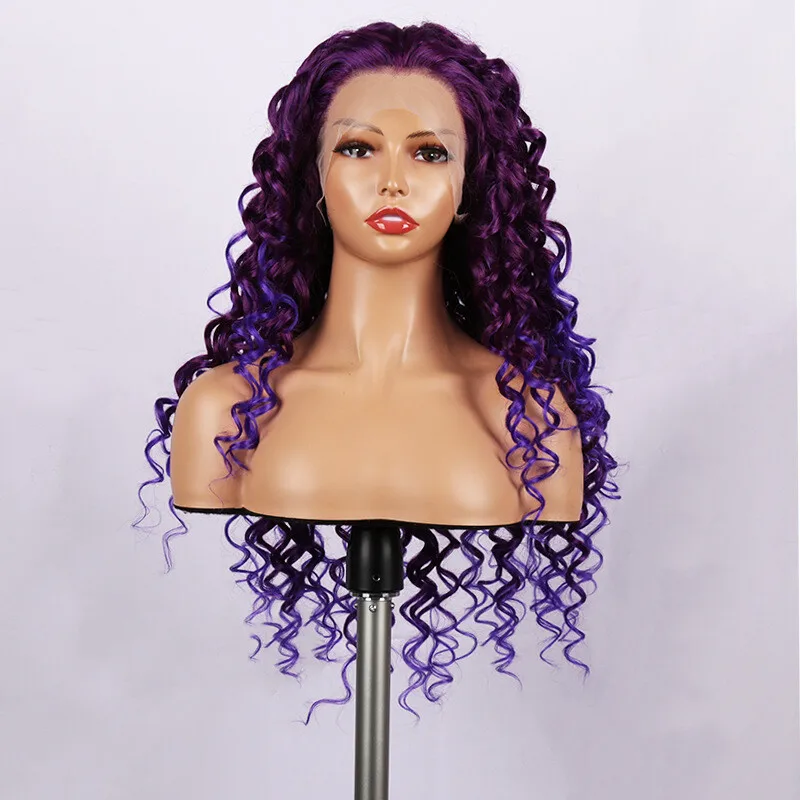 Ombre Purple Afro Curls Długie peruki Syntetyczna koronka z przodu Długie kręcone włosy dla kobiet