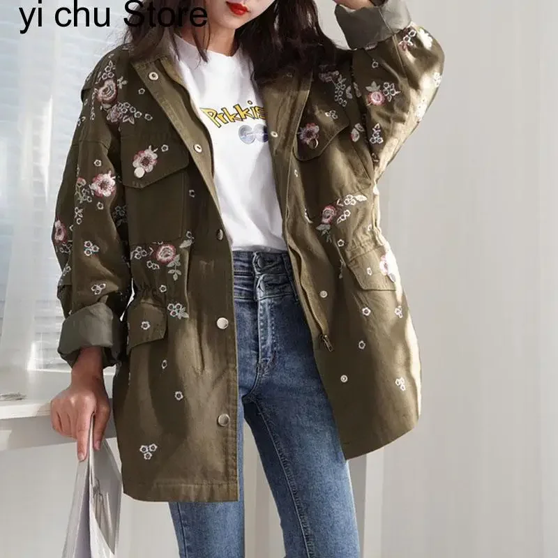 New High Quality Autumn Vintage Flower Embroidery Women's Tooling Trench Casual Fashion Casual Windbreaker Coat