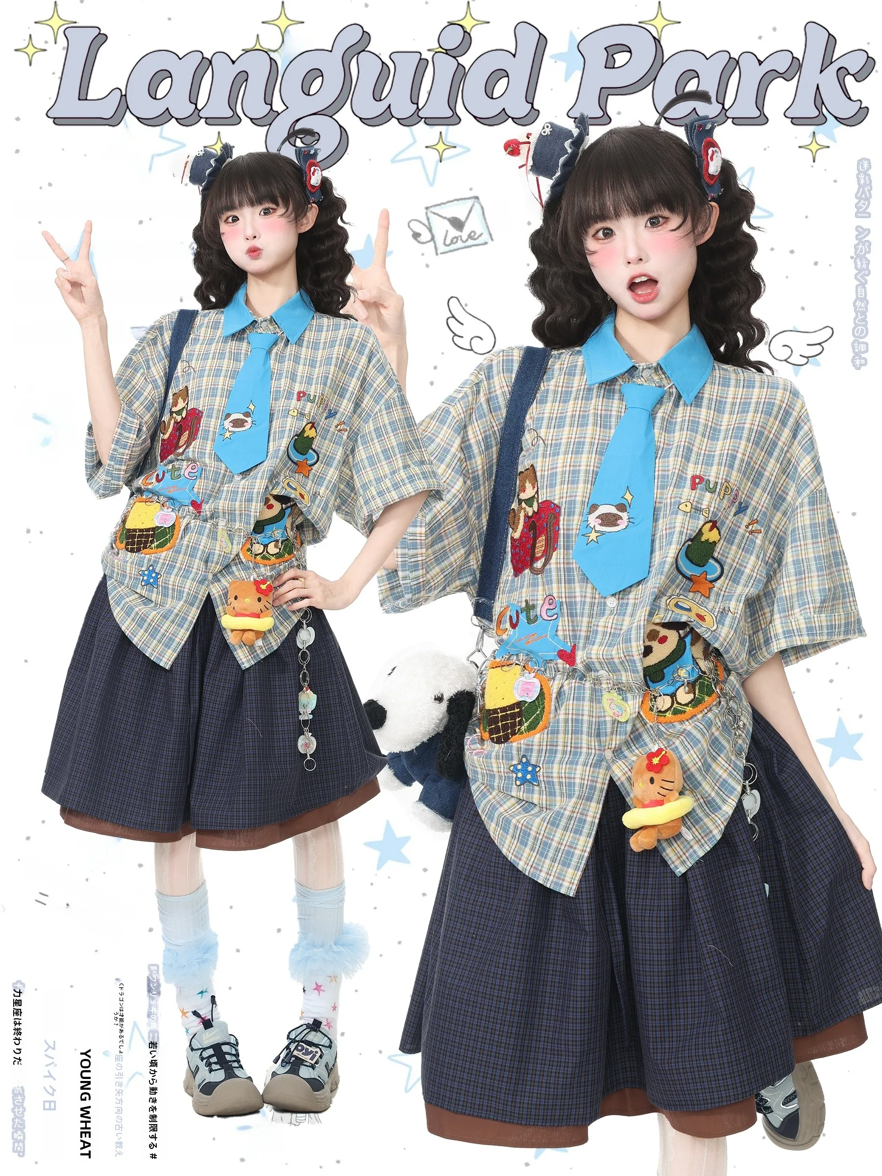 

Женская летняя рубашка Languid Park с коротким рукавом, в стиле пэчворк, с милым мультяшным принтом, в клетку, с завязками, из хлопка, с вышивкой, свободного кроя, дышащая