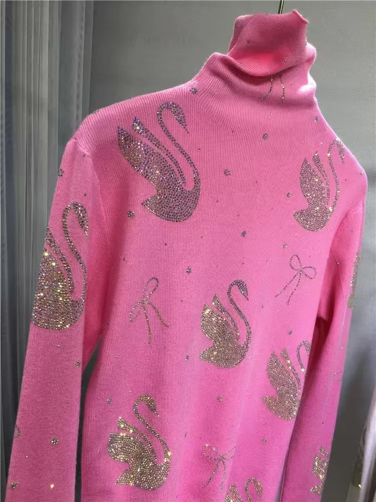 Luxury Style Diamonds Hot Drilling Slim Fit Knitted Pullover for Women's Autumn Winter Turtleneck Sweaters Tops Woman Clothes