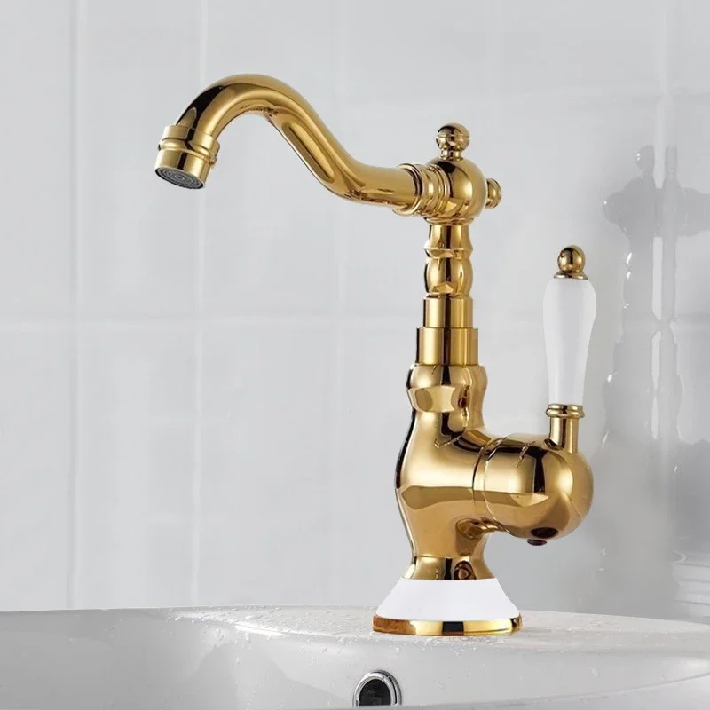 All copper retro faucet kitchen household bathroom cabinet washbasin hot and cold splash faucet gold