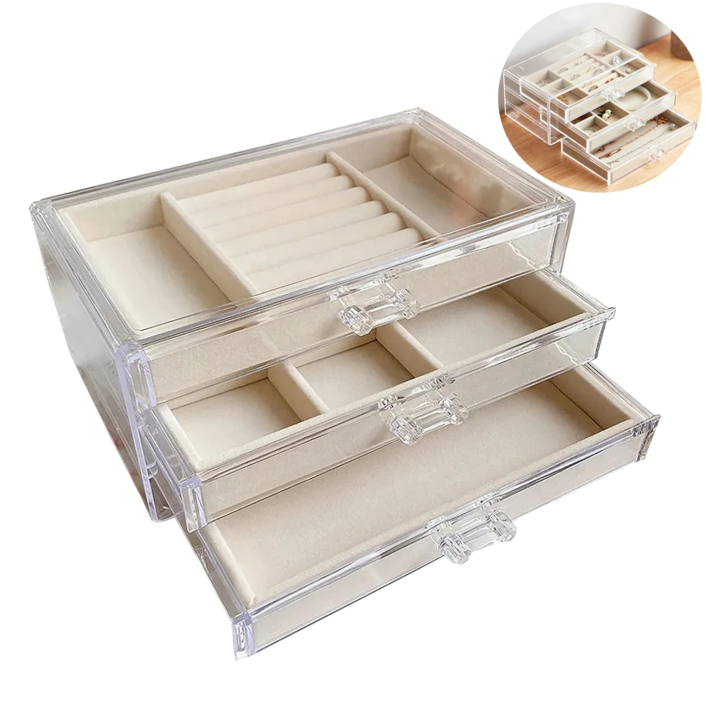 

Velvet Three-Layer Jewellery Storage Box Acrylic Organizers Earring Rings Necklace Large Space Jewellery Case Holder Women