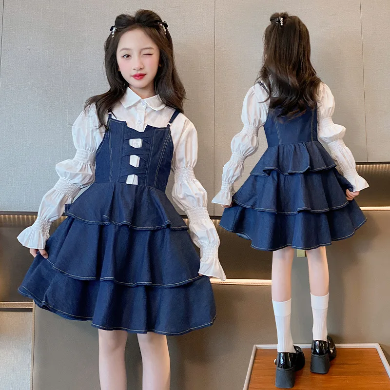 French princess puffy dress set white cotton shirt+denim suspender dress 2pcs 4-15 kids suit children outfits dziewczyna zestawy