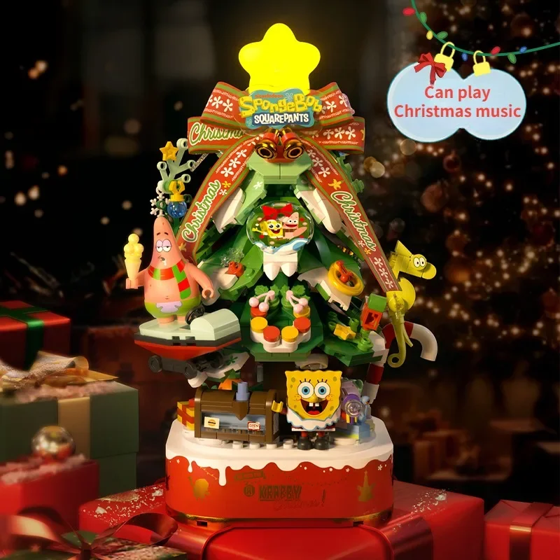 Spot Areax SpongeBob SquarePants Christmas Tree Building Blocks Trendy Play Assemble Movable Ornament Model Anime Collection