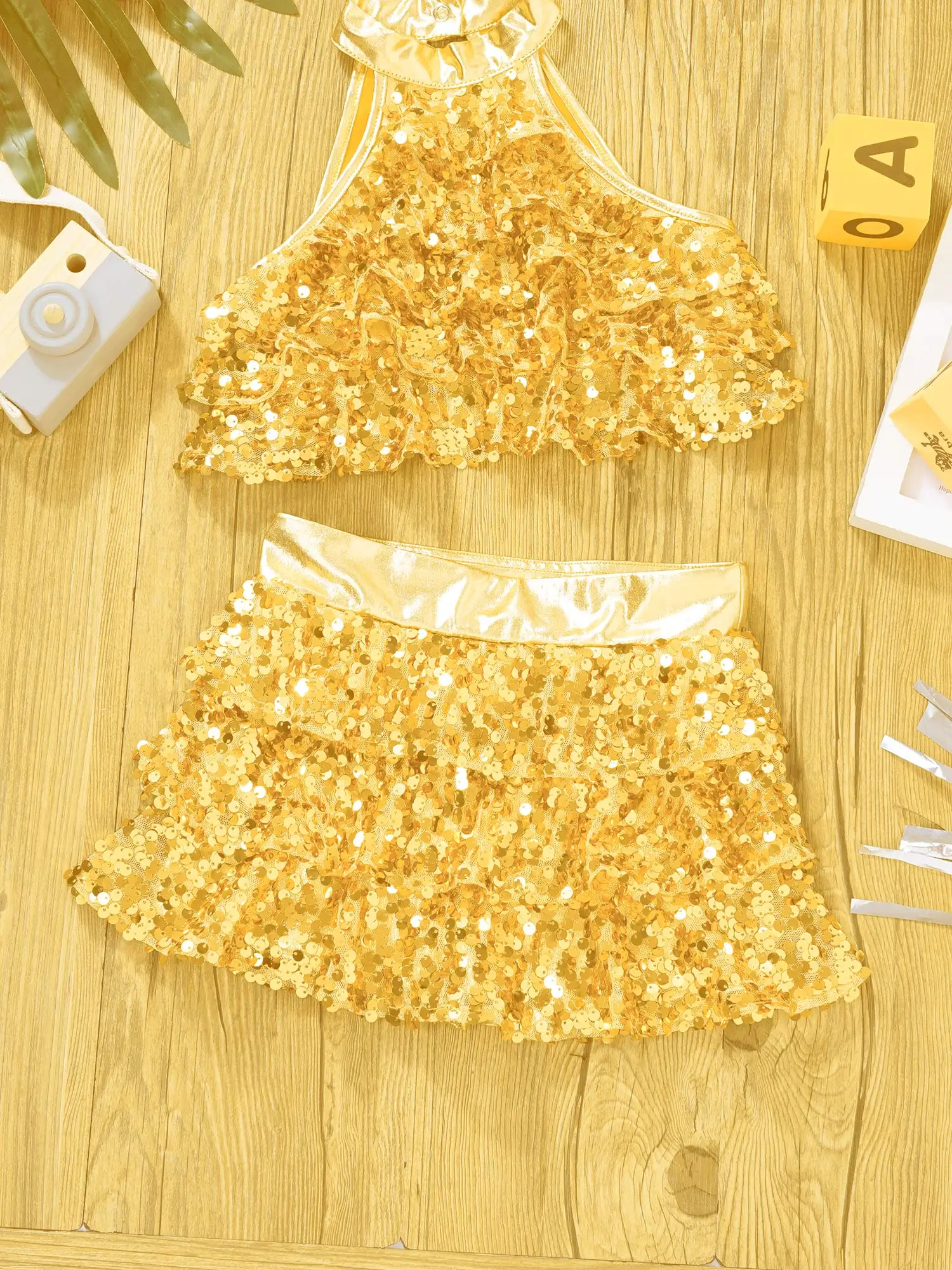 Girls Ballet Dance Clothes Kids Shiny Sequins Sleeveless Tiered Crop Top+Skirt for Carnival Party Jazz Dance Stage Performance