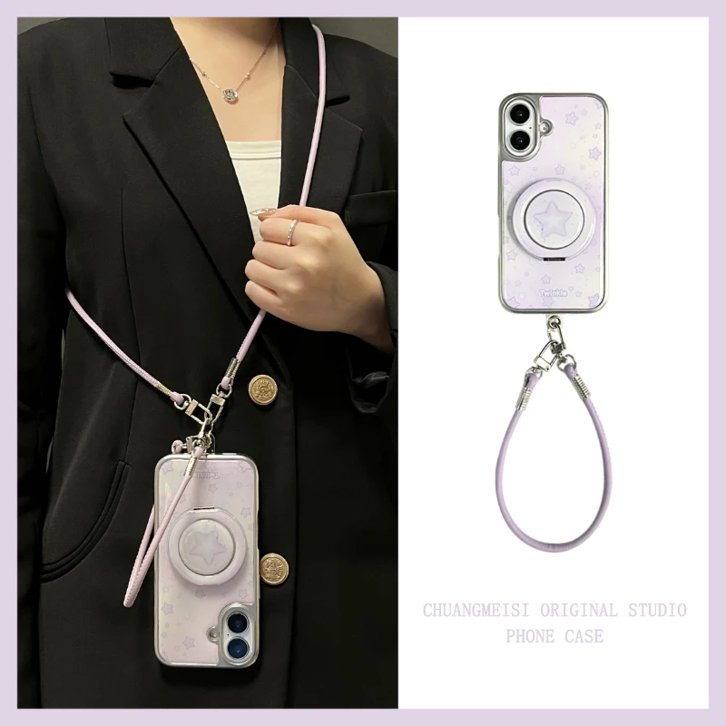 

Electroplating gentle purple star rotating stand for apple 16promax phone case iphone15promax with lanyard 14promax crossbody
