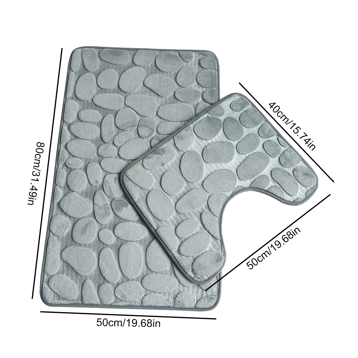 Non-Slip Bath Mat Toilet Mat 2-Piece Bathroom Rug Set Soft Bath Mat with Cobblestone Pattern Washable Bath Mats Grey