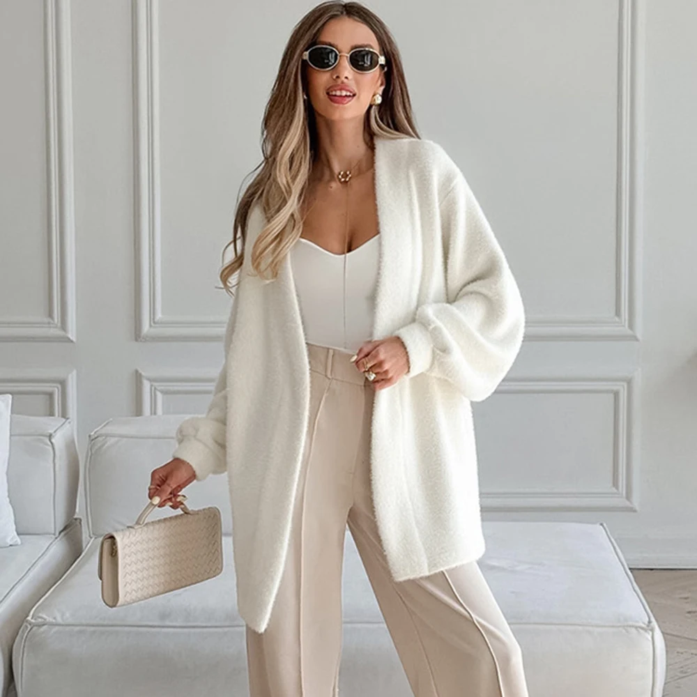 

Tuularose White V-Neck Cardigan Fashion Faux Fur Patchwork Oversized Lace-up Casual Sweater New Office Lady 2026 Women's Outwear