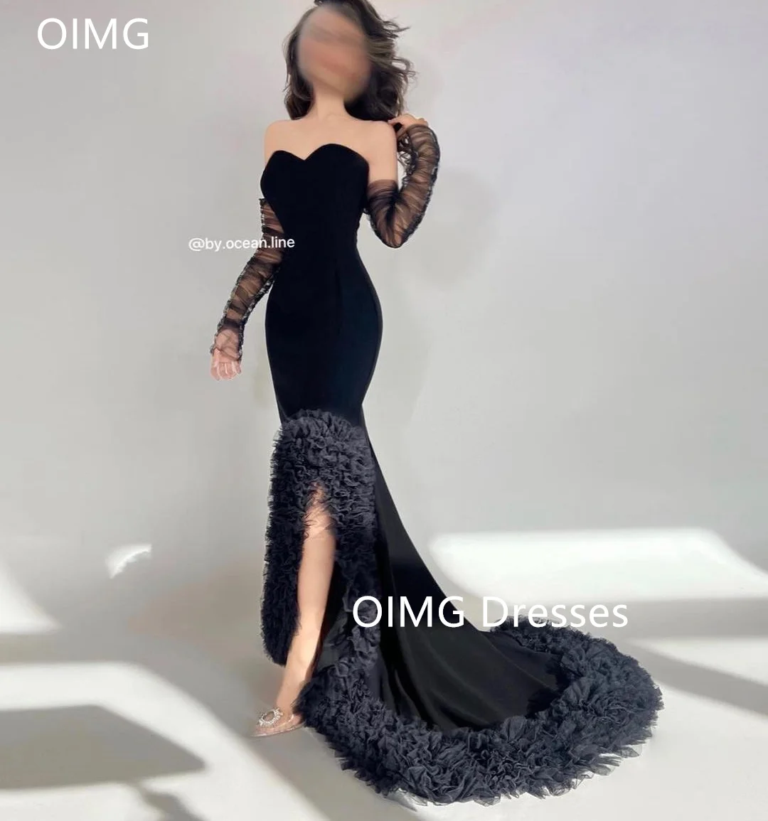 OIMG Gorgeous Fashion Sweetheart Mermaid Prom Dresses Long Sleeves Ruffles Black Vintage Evening Gowns Formal Party Dress