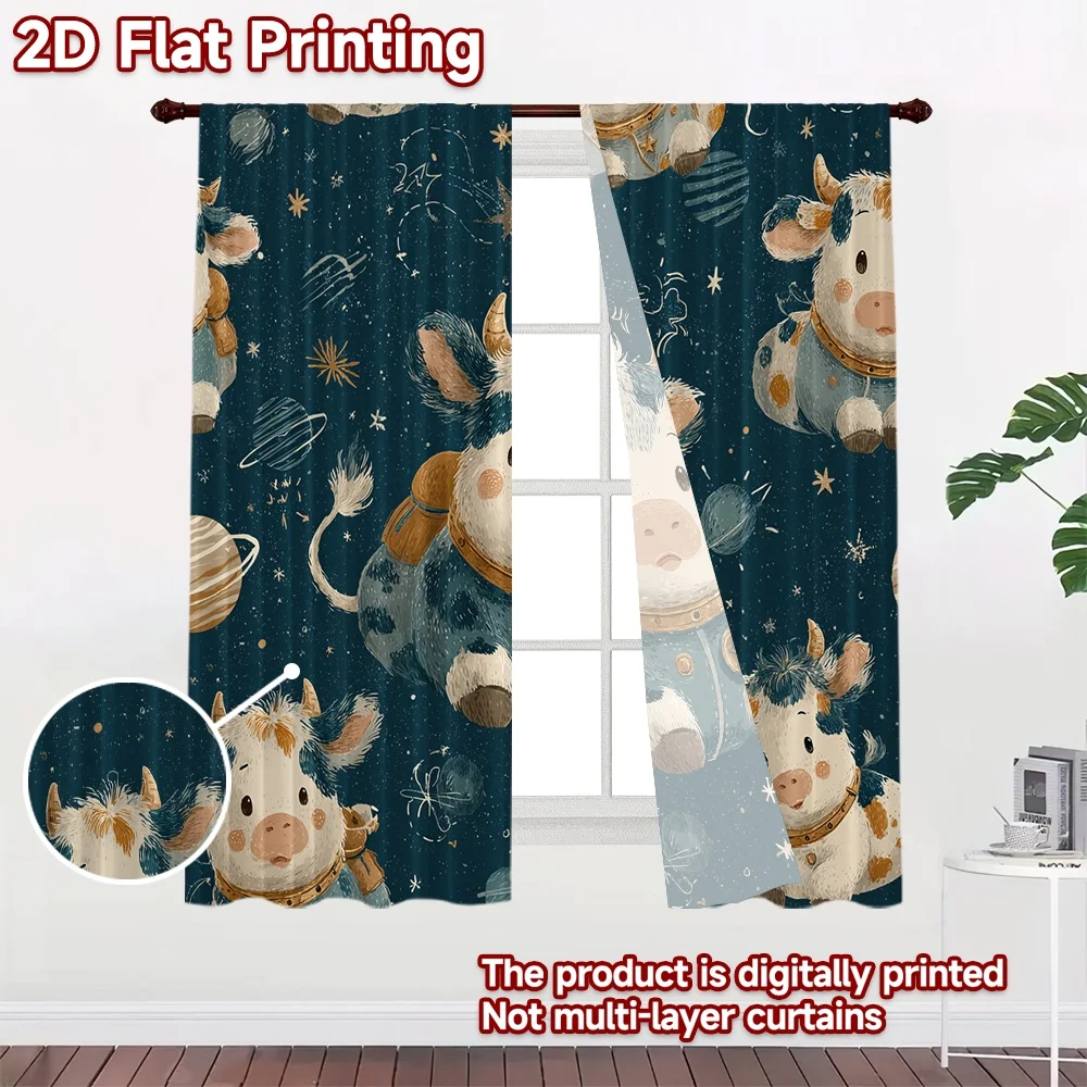2D FLAT PRINTING 2pcs Curtains (Without Rod) Space Adventures with Cows Pattern Chic Curtains 100% Polyester Curtains Valentine
