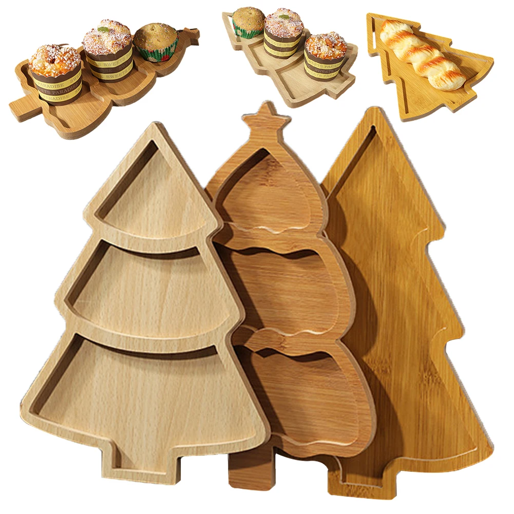 Christmas Plate Wooden Tray Xmas Tree Tableware Dried Fruit Snacks Doge Wooden Tray Fruit Plate Restaurants Fast Food Plate