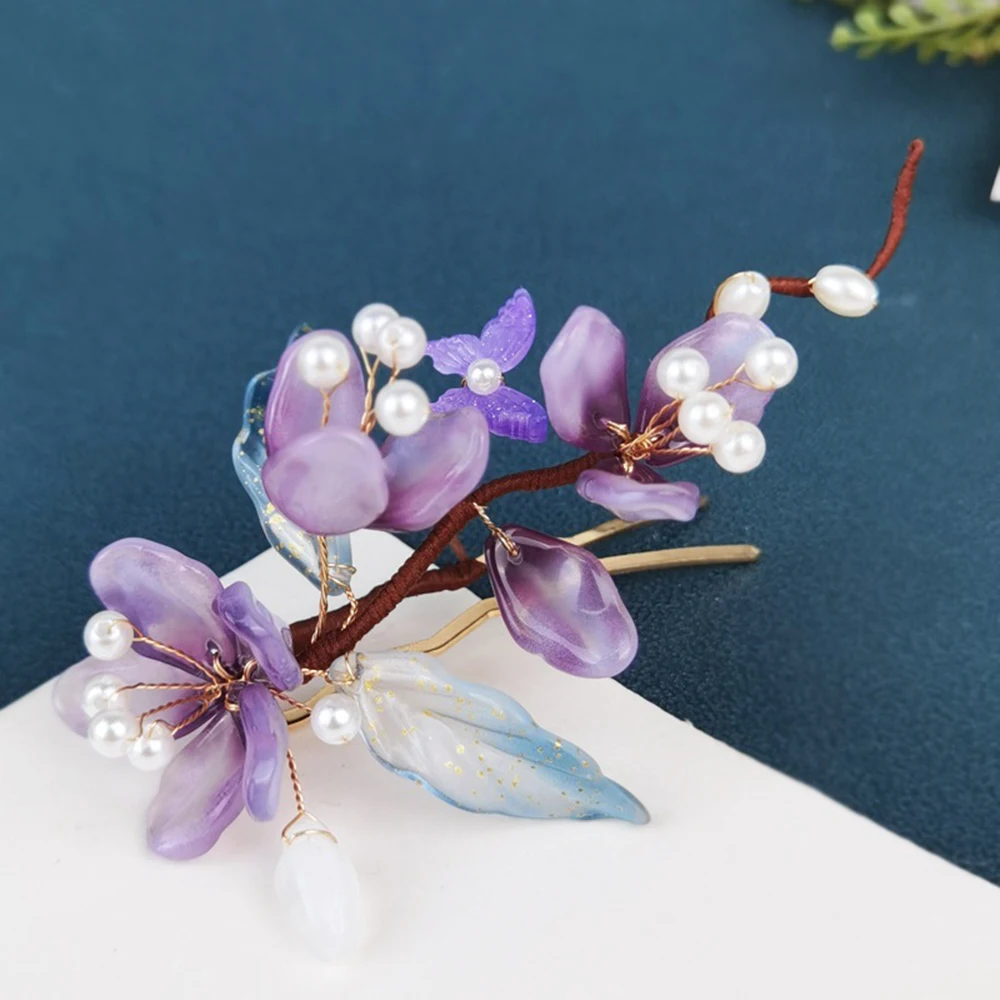 U-shaped Girl's Hair Clip Purple Flower Pearls Beaded for Birthday Stage Party Show