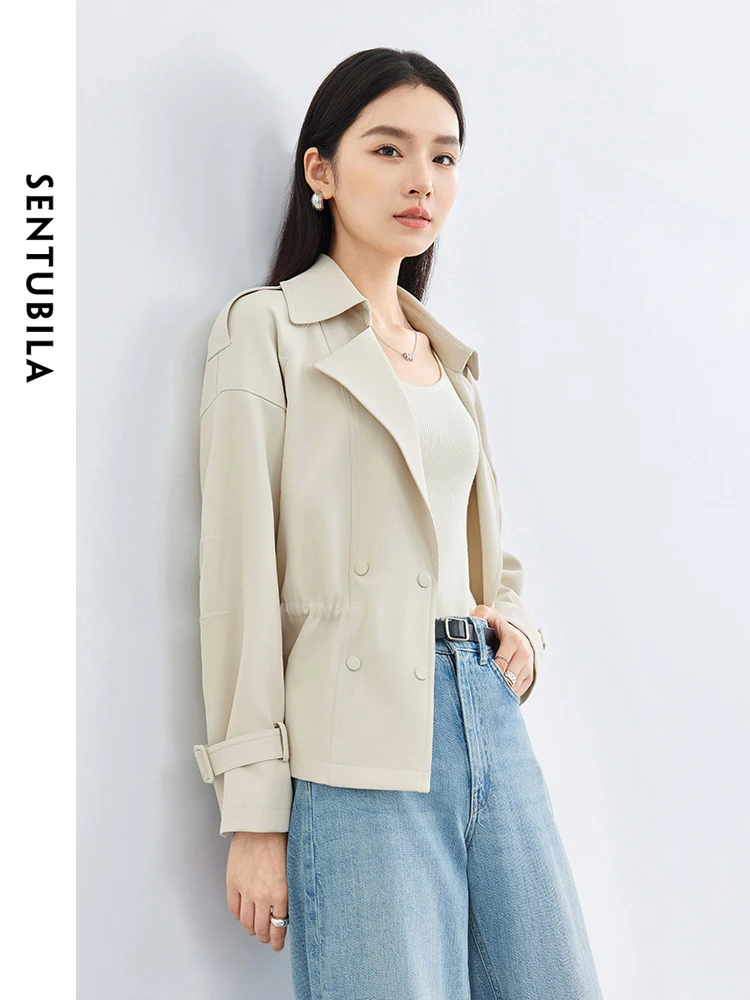 

SENTUBILA Cropped Lapel Trench Coat Woman 2024 Spring Double Breasted Solid Straight Loose Short Jacket Windbreaker 141F52947