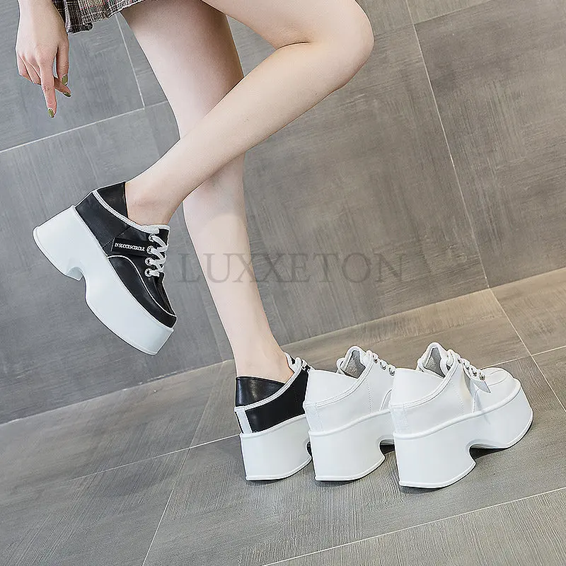 11cm New Platform Wedge Casual Punk Genuine Leather Breathable Summer Comfy Chunky Slippers High Brand Fashion Women Shoes