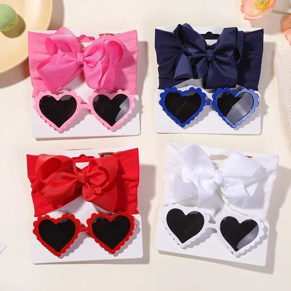 Nylon Headband Soft Elastic Bowknot Head Band Babys Heart shape glasses Set Four Season Leisure Thick Hairband for Infant