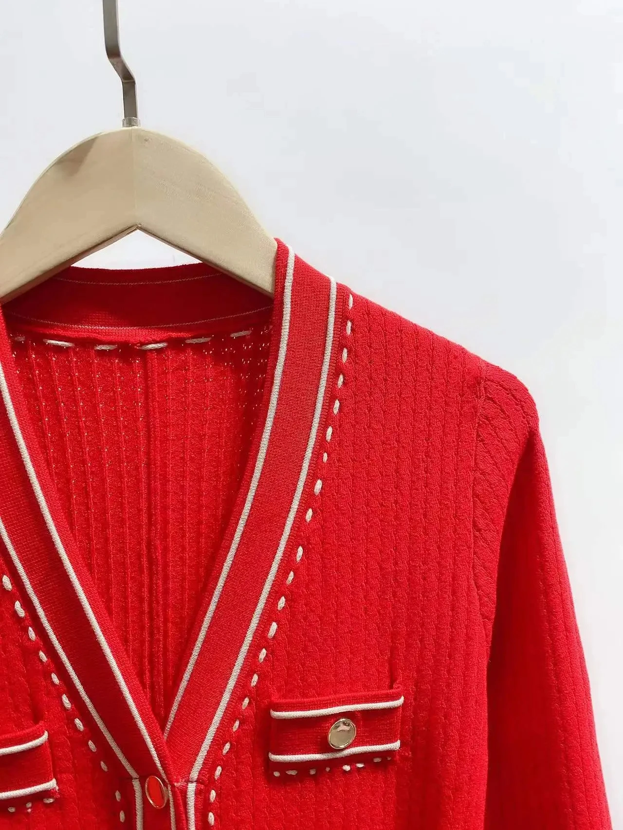 

QHZ Women's Autumn Red Dress V-neck Comfortable Knitted Casual Office Ladies Button Letters Dress