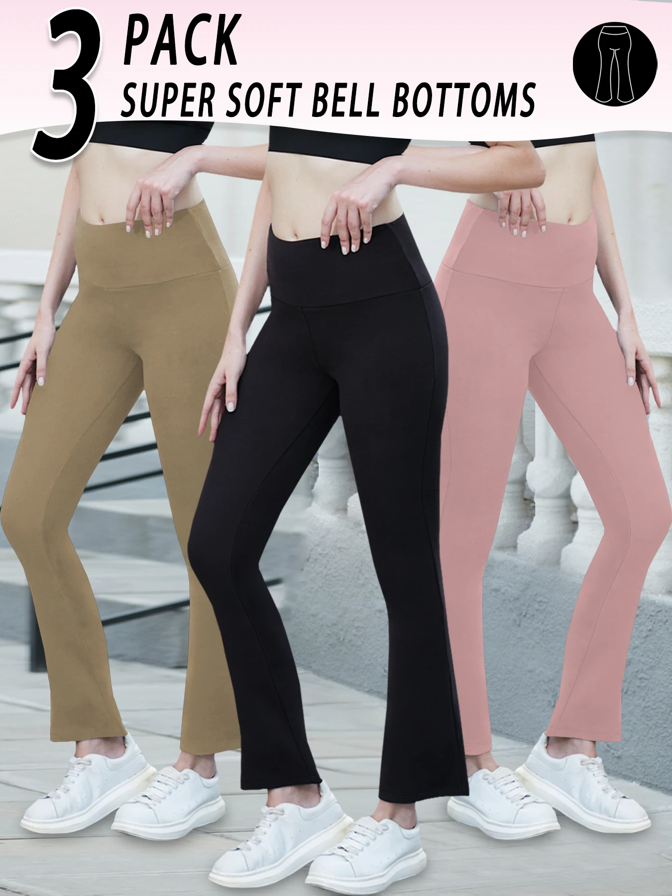 

Комплект из 3-х женских расклешенных брюк для йоги с высокой талией и расширяющимся низом штанин. Идеально подходит для йоги или для отдыха.