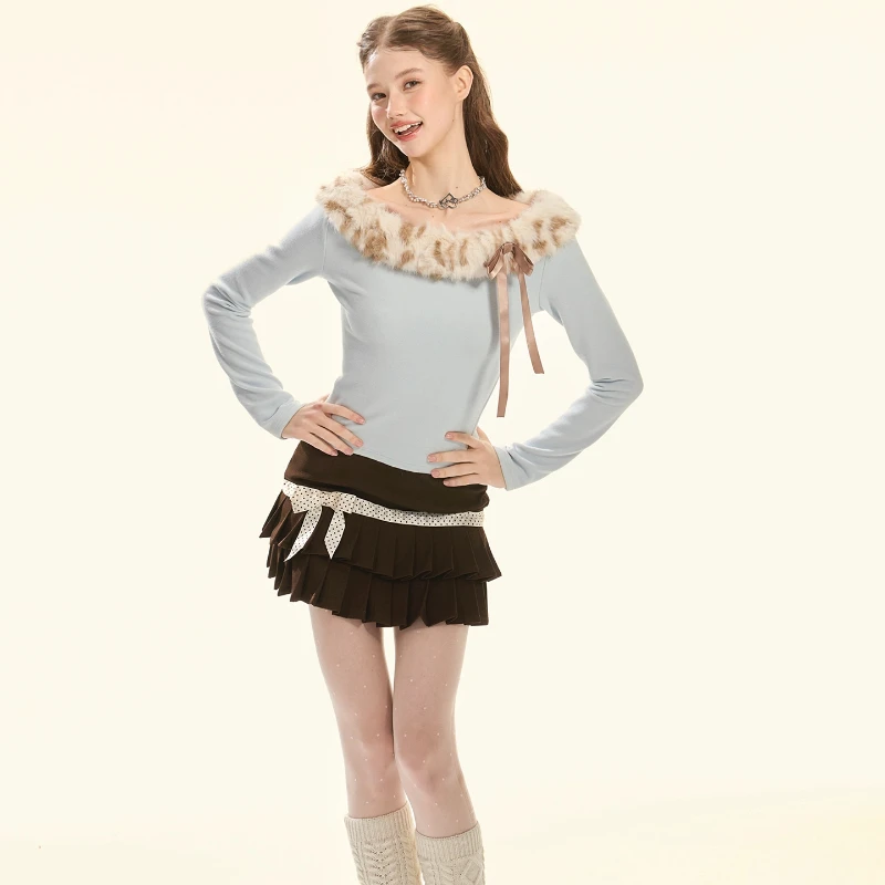 Vintage Design Polka Dot Cute Bow Splicing Women's Pleated Skirt 2025 Autumn New Sweet Y2k Versatile Low-rise Mini Skirts Ladies