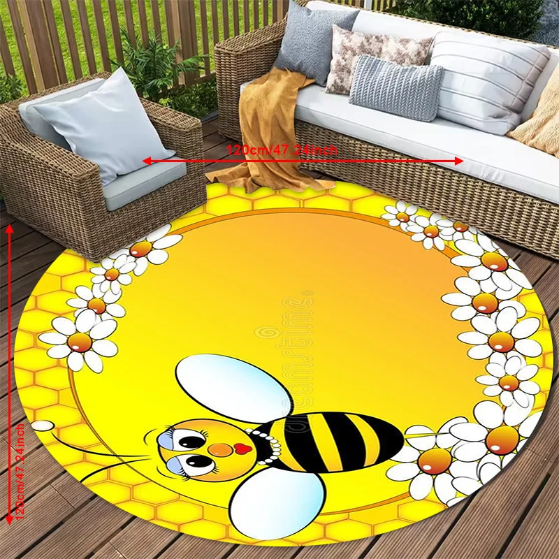Bee Honeycomb Flower Garden Round Rug Flannel Outdoor Patio Deck Decor Spring Summer Nature Theme Floor Mat Non Fade