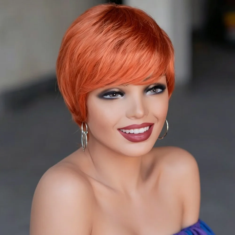 Full Machine Made Short Pixie Cut Human Hair Wigs #350 Ginger Orange Straight Layered Style With Bangs 100% Natural Realistic Ha