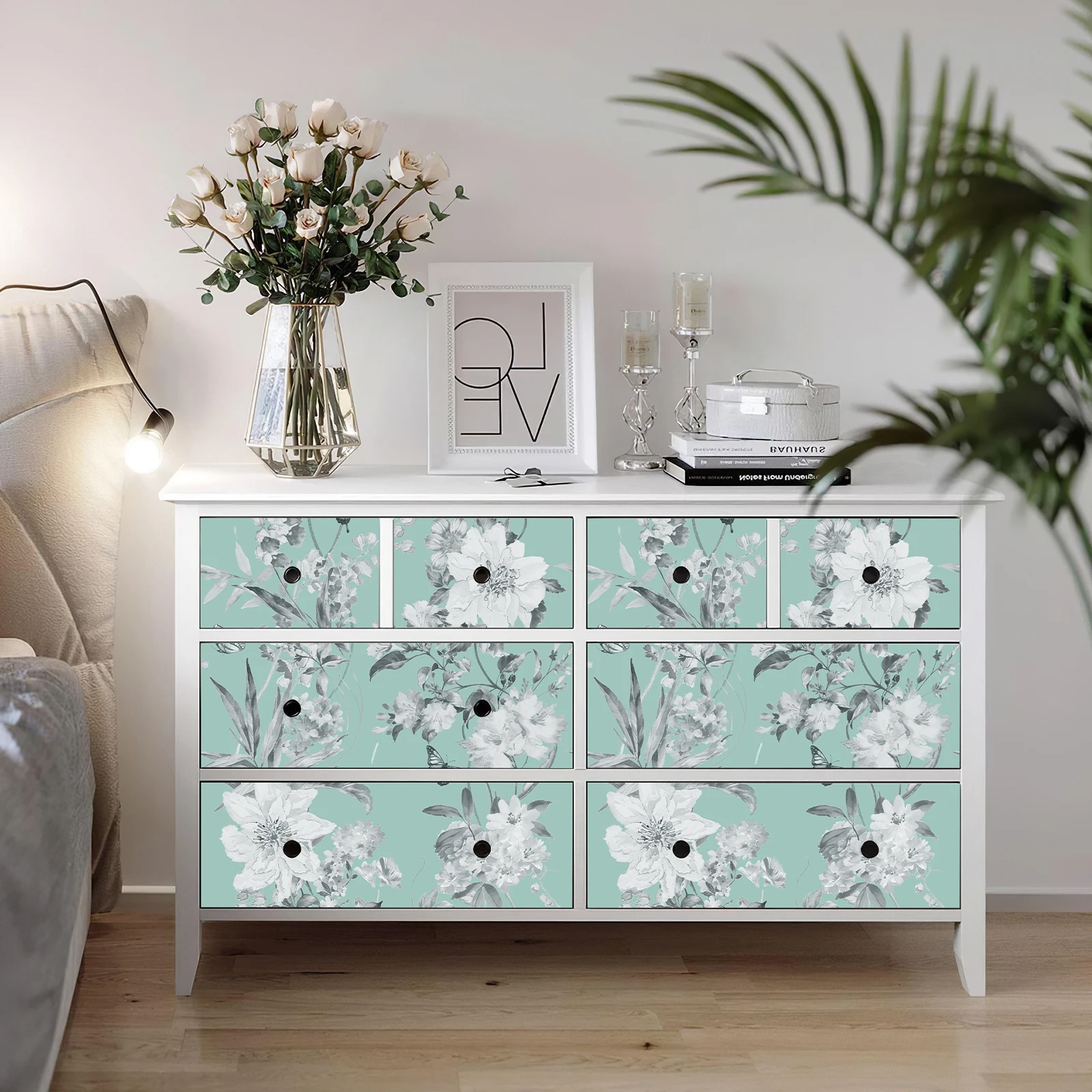 Lake Blue Flower Vinyl Wallpaper Peel And Stick Floral Furniture Cabinet Sticker Waterproof Botanical Vathroom Wallpaper