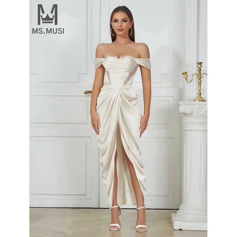 

MSMUSI 2024 New Fashion Women Sexy Off The Shoulder Draped Fold Sleeveless Bodycon Party Club Event Slit Slim Maxi Dress Gown