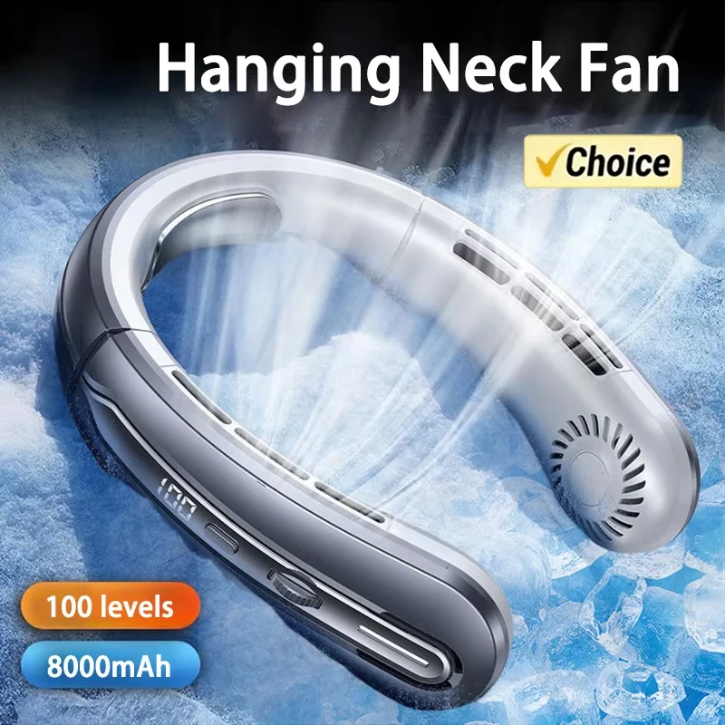 

8000mAh USB Hanging Neck Fan Portable Bladeless Rechargeable Mute LED 100 Speed Digital Display Electric Fans Air Cooler