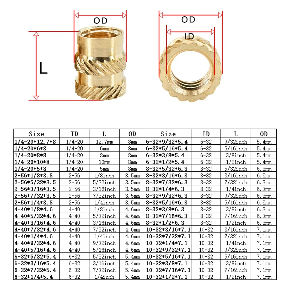 Inch Size Brass Insert Nut Heat Threaded Knurled Hot Melt Embedded Copper Nut for 3D Printing Set 1/4 2-56 4-40 6-32 8-32 10-32