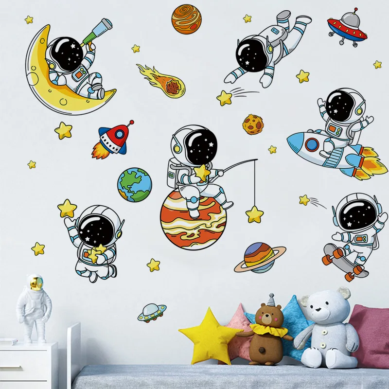 Cartoon Astronaut Wall Stickers For Kids Rooms Creative Outer Space Child Bedroom Self-adhesive Home Wall Decor Vinyl Sticker